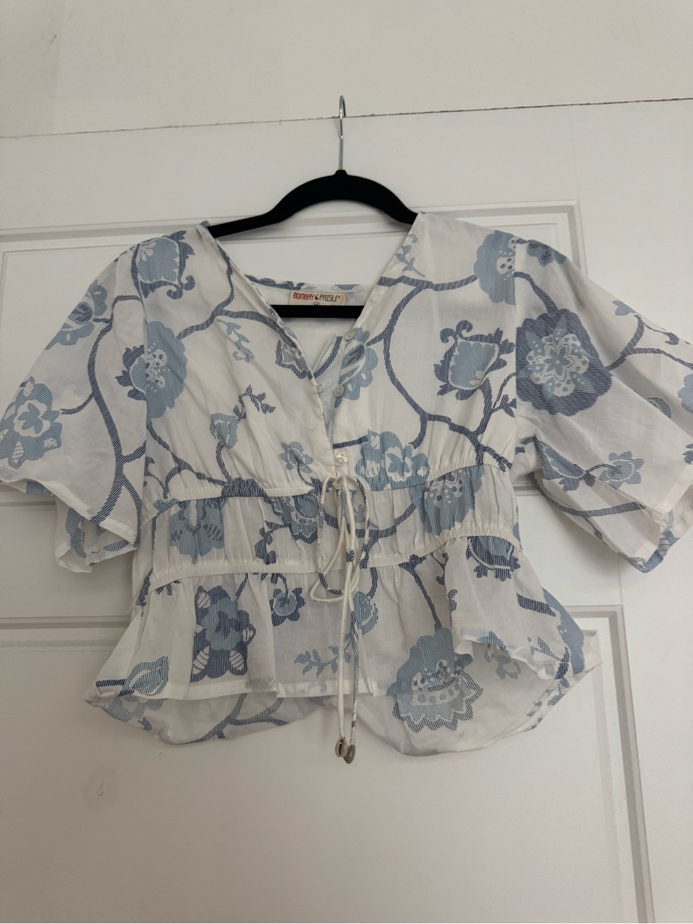 Blue Floral Peasant Top - White & Light Blue